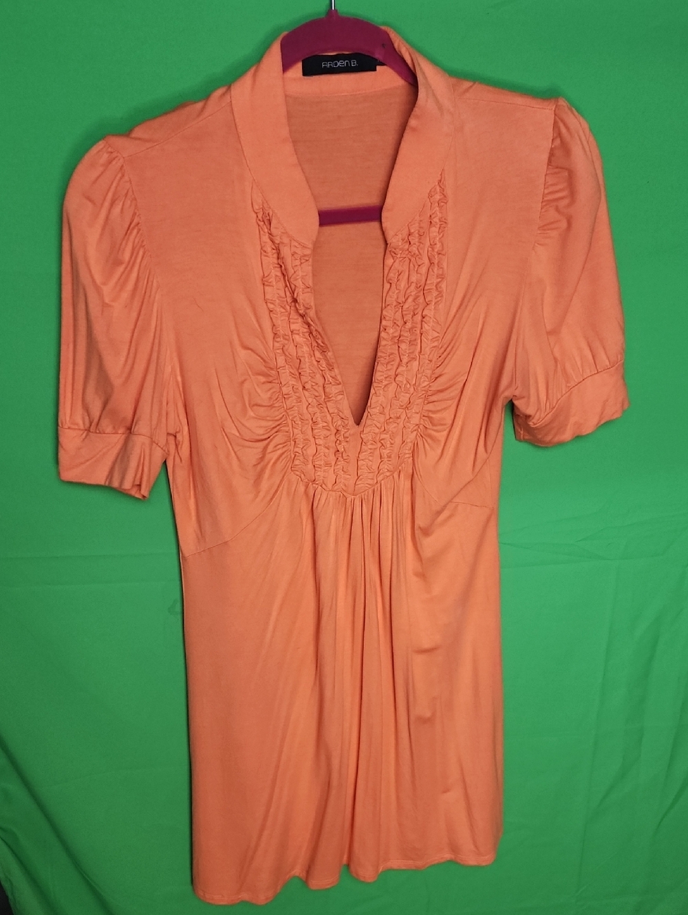Arden B. Peach Orange Ruffled V-Neck Ruched Short Sleeve Blouse Top M